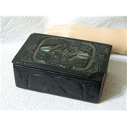 TRINKET BOX - ABALONE EYES - FIRST NATIONS CARVING CORNER DAMAGED ON LID - 5" x 3" x 2" tal with lid