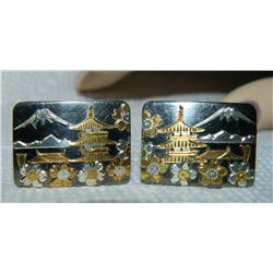 CUFFLINKS - BAGODA/ MOUNTAIN SCENE - GOLD & SILVER