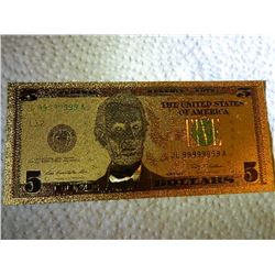 GOLD FOIL BILL - 24K SOLID GOLD - USA $5 - not legal tender