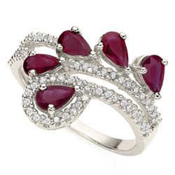 **** FEATURE ITEM**** RING - 1.26 CTW GENUINE PEAR FACETED RUBY(5) & 55 DIAMONDS IN 925 STERLING SIL
