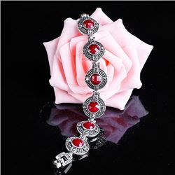 BRACELET - VINTAGE STYLE CRAFTING OF CHECKERBOARD RED STONE IN GERMAN STERLING SILVER SETTING - RETA