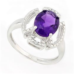 RING - 2 1/2 CARAT AMETHYST & GENUINE DIAMONDS IN 925 STERLING SILVER SETTING - SZ 7 - RETAIL ESTIMA