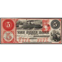1800's $5 The State Bank of Michigan Obsolete Note