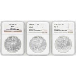 Lot of 2004-2006 $1 American Silver Eagle Coins NGC MS69