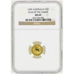 1999 Australia $5 Year of the Rabbit Gold Coin NGC MS69