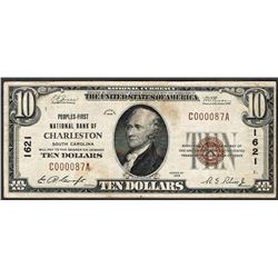 1929 $10 Peoples-First National Bank of Charleston Currency Note CH# 1621