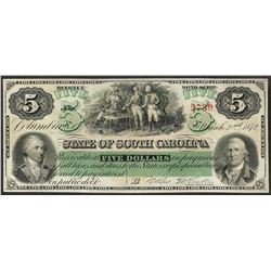 1872 $5 State of South Carolina Obsolete Bank Note