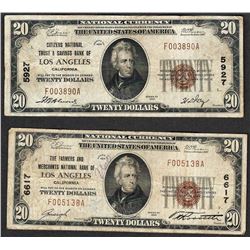 Lot of (2) 1929 $20 Los Angeles California National Currency Notes