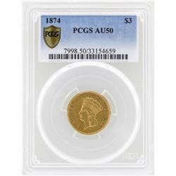 1874 $3 Indian Princess Head Gold Coin PCGS AU50