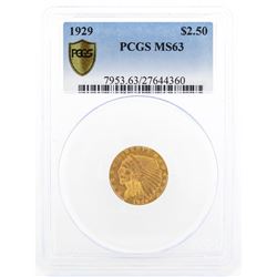1929 $2 1/2 Indian Head Quarter Eagle Gold Coin PCGS MS63