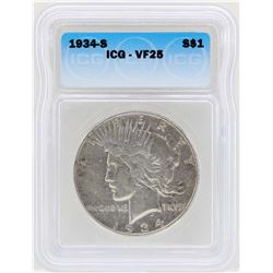 1934-S $1 Peace Silver Dollar Coin ICG VF25