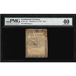 February 17, 1776 $2/3 Continental Currency Note PMG Extremely Fine 40