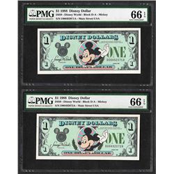 Lot of (2) Consecutive 1988 $1 Disney Dollars Notes PMG Gem Uncirculated 66EPQ