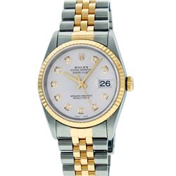 Rolex Mens 36mm Two Tone Yellow Gold Silver Diamond DateJust Wristwatch