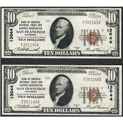 Lot of (2) 1929 $10 Bank of America San Francisco National Currency Note CH# 130