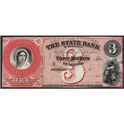 1800's $3 The State Bank of Michigan Obsolete Note