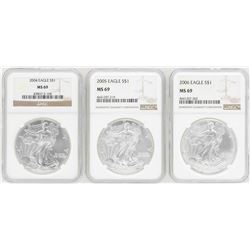 Lot of 2004-2006 $1 American Silver Eagle Coins NGC MS69