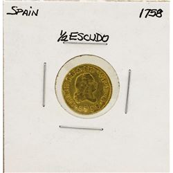 1758 Ferdinand VI Spanish 1/2 Escudos Gold Coin
