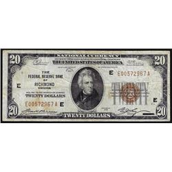 1929 $20 Federal Reserve Bank of Richmond, Virginia Note