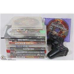 BOX W/11 PS3 GAMES & 1 PS3 CORDLESS,
