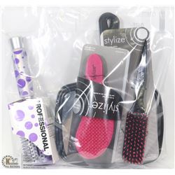 FLAT OF HAIR CARE INCL BRUSHES, AND VANITY MIRROR.