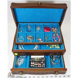 WOOD JEWELRY BOX FILLED WITH ASSORTED EARRINGS