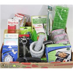 LARGE FLAT OF ASSORTED KITCHEN TOOLS AND NIC NACS