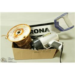 FLAT WITH FLASHLIGHT, SAW, SPEAKERWIRE, AND