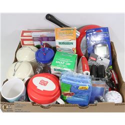 FLAT OF ASSORTED KITCHEN TOOLS, CUPS AND CLEANING