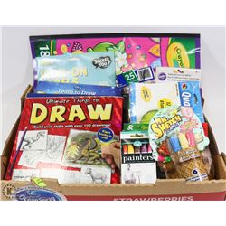 LARGE FLAT OF COLOURING BOOKS AND COLOURS