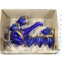 SET OF VINTAGE BLUE GLASS WITH GOLD TRIM DECANTER
