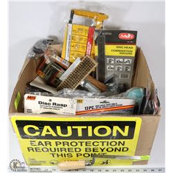 BOX OF ASSORTED TOOLS AND WORKWARES