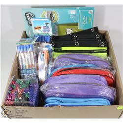 FLAT OF PENCIL CASES, PENS, PENCILS AND DECORATIVE