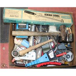 BOX FULL OF TOOLS INCL TORQUE WRENCH, HAMMERS,