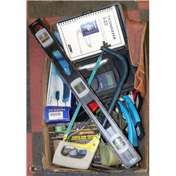 FLAT OF ASSORTED TOOLS INCL NEW STAPLER,LEVEL