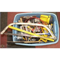 TOTE BIN FULL OF TOOLS BLOCK HAMMERS, HACK SAW,