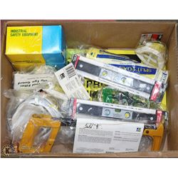 BOX OF ASSORTED TOOLS AND SAFETY EQUIPMENT