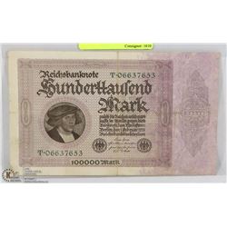 1923 GERMANY 100,000 MARK BANK NOTE.