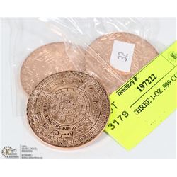 LOT OF THREE 1-OZ .999 COPPER TOKENS