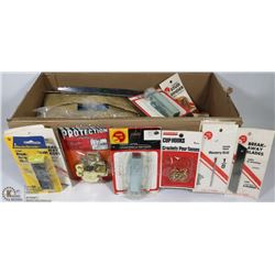 BOX OF ASSORTED WORKWARES AND SMALL TOOLS