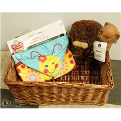 MEDIUM SIZE WICKER BASKET WITH NEW TOWEL, NEW