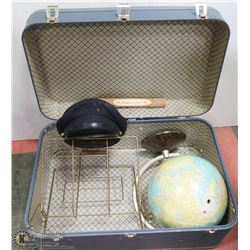 VINTAGE LARGE SUITCASE WITH POLICE CAP, GLOBE,