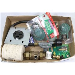 FLAT OF ASSORTED HARDWARE, INCL PROPANE REGULATOR