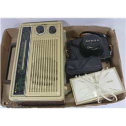 FLAT WITH VINTAGE RADIO, CAMERAS & ALARM CLOCK