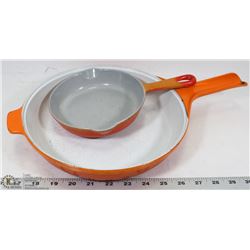 2 ORANGE CAST IRON PANS