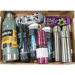 FLAT OF ASSORTED WATER BOTTLES AND THERMOS'