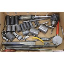 FLAT OF ASSORTED DRILL BITS AND SMALL TOOLS