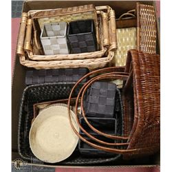 LARGE BOX OF WICKER BASKETS.
