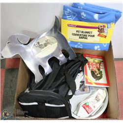 BOX W/ PET BLANKET, CARRIER AND MORE.