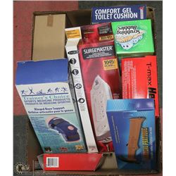 BOX OF NEW ASSORTED HOUSEHOLD MISC INCL KNEE &